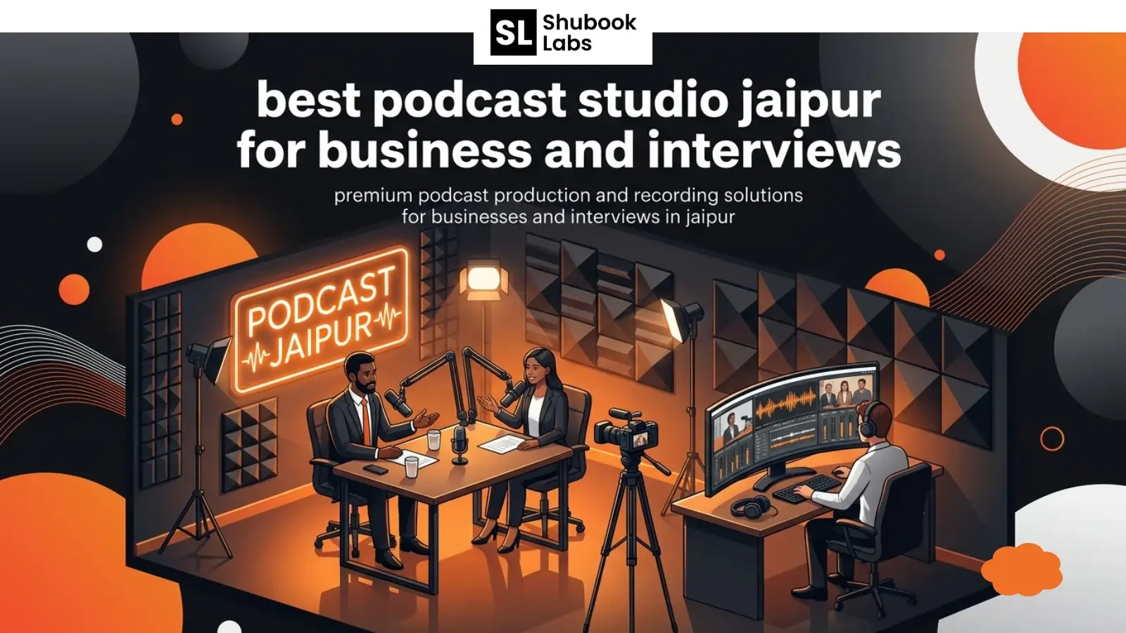 Professional business podcast studio in Jaipur with modern recording equipment and interview setup