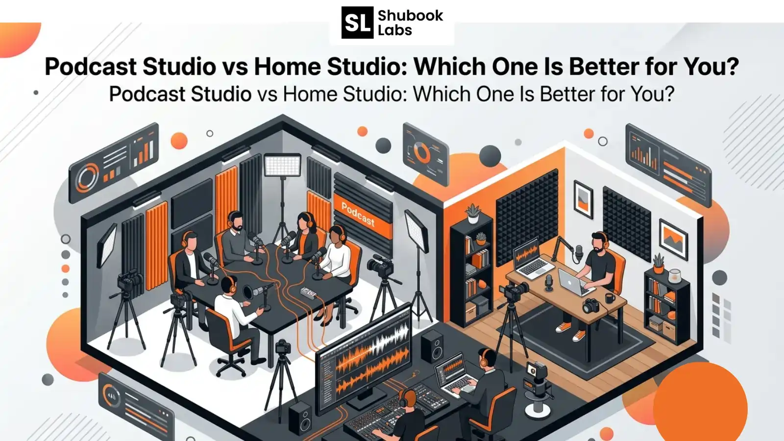 Comparison between professional podcast studio and home recording setup